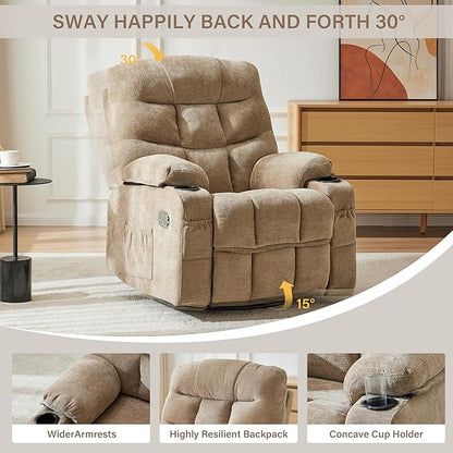 Manual 360°Swivel Rocker Recliner Chair,Single Recliner Seat with Cup Holders,Recliner Chairs for Adults, Upholstered Fabric Lazy Boy Recliner for Bedroom,Living Room,Brown