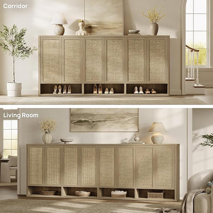 SICOTAS Rattan Shoe Storage Cabinet - Modular Shoe Cabinets with Door Tall Large Shoe Cabinet Storage for Entryway - 96.8" Wide Modular Cabinet for Hallway, Living Room