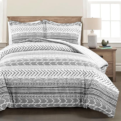 Lush Decor Hygge Geo Reversible 3 Piece Cotton Duvet Set, King, Black & White