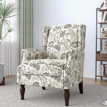 Lumibee Wingback Accent Chair,High Back Floral Armchairs in Fabric,Comfy Upholstered Reading Single Sofa Chair with Solid Wood Legs for Living Room,Bedroom,Office-Plants Beige