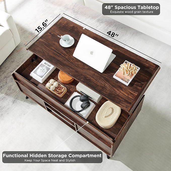 RedLemon 48" Lift Top Coffee Table with Slatted Sliding Door, Mid Century Modern Center Table with Hidden Storage Compartment,Lifting Tabletop & Adjustable Shelf for Living Room, Office, Dark Walnut