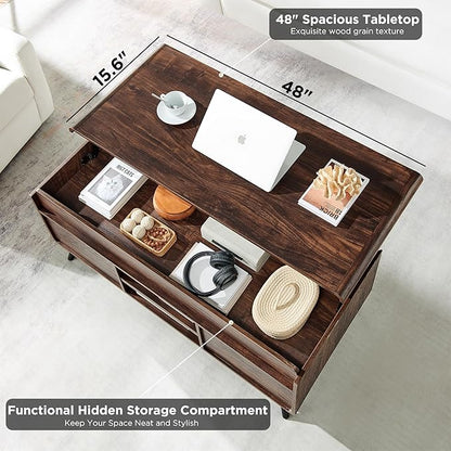 RedLemon 48" Lift Top Coffee Table with Slatted Sliding Door, Mid Century Modern Center Table with Hidden Storage Compartment,Lifting Tabletop & Adjustable Shelf for Living Room, Office, Dark Walnut