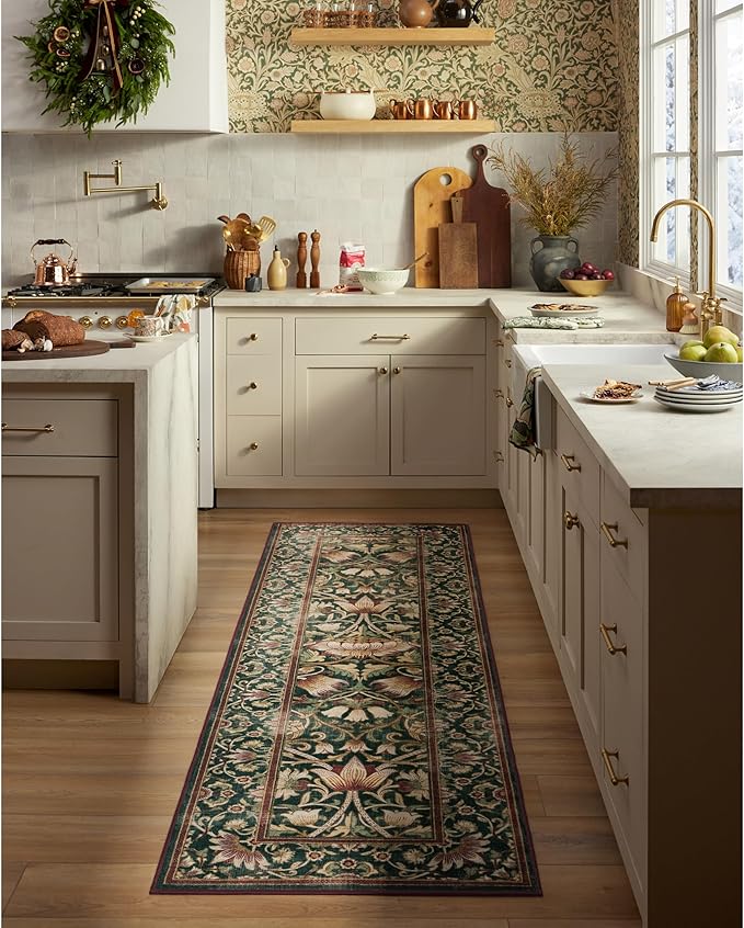 RUGGABLE x Morris & Co Machine Washable Area Rug – Lodden Soft Evergreen & Gold 2x3, Stain-Resistant, Non-Slip – Small Rugs for Living Room, Bedroom, Hallway, Entryway & Bathroom–with Standard Pad