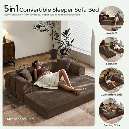 79" Convertible Sofa Bed with Fixed-Shape Frame & Removable Armrests, Modular Corduroy Sleeper Sofa, Folding Mattress Couch for Small Spaces - No Assembly Needed in Brown (Includes 2 Pillows)