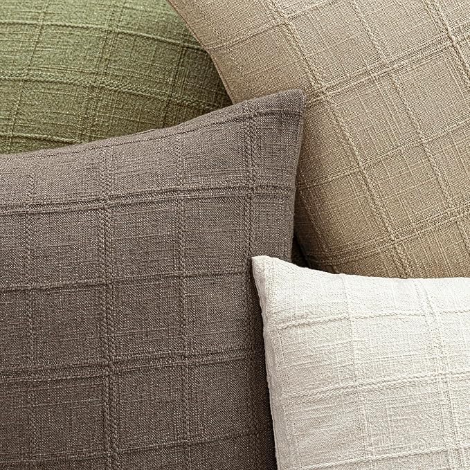 Foindtower Set of 2 Decorative Linen Check Throw Pillow Covers Neutral Farmhouse Lumbar Cushion Covers Modern Boho Home Decor for Sofa Chair Couch Bedroom Living Room,12×20 Inch,Taupe Grey