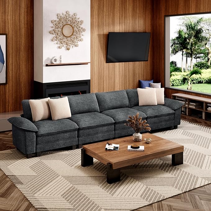 157.5" Cloud Modular Sectional Sofa, 4-Seater w/Deep Seat & Removable Arms, Plush Chenille for Living Room - Cyan
