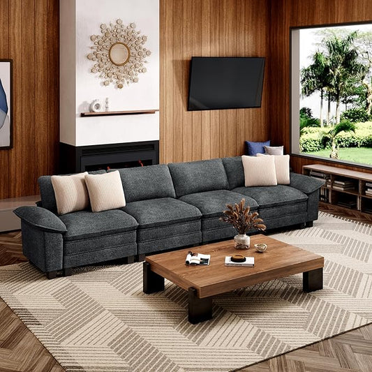 157.5" Cloud Modular Sectional Sofa, 4-Seater w/Deep Seat & Removable Arms, Plush Chenille for Living Room - Cyan