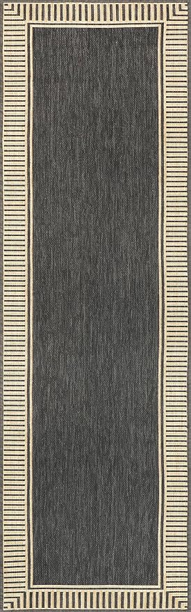 nuLOOM 2' x 8' Outdoor Area Rug, Casual Design With Striped Border, Stain Resistant, Highly Durable, For Patio, Balcony, Bedroom, Living Room, Dining Room, Bathroom, Dark Grey