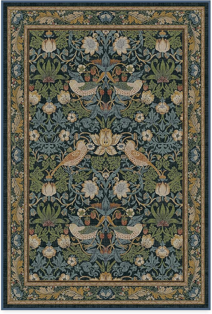 RUGGABLE x Morris & Co Washable Area Rug – Strawberry Thief Indigo 4x6, Stain-Resistant, Non-Slip – Medium Machine Washable Rugs for Living Room, Bedroom, Hallway, Entryway & Office–with Standard Pad