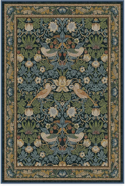 RUGGABLE x Morris & Co Washable Area Rug– Strawberry Thief Indigo 4x6, Stain-Resistant, Non-Slip – Medium Machine Washable Rugs for Living Room, Bedroom, Hallway, Entryway & Office–with Cushioned Pad