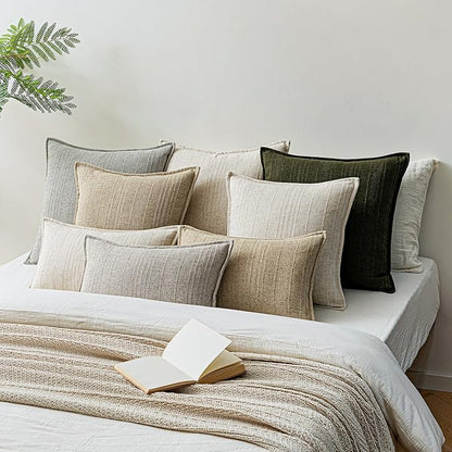 a moment Linen Pillow Covers Set of 2,Boho Farmhouse Throw Pillowcases Neutral Textured Decorative Covers for Couch Sofa Bed, Soft Linen Blend Accent Case Cushion Home Decor 18"x18" Beige Grey