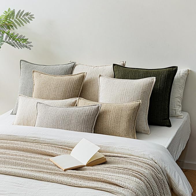 a moment Linen Pillow Covers Set of 2,Boho Farmhouse Throw Pillowcases Neutral Textured Decorative Covers for Couch Sofa Bed, Soft Linen Blend Accent Case Cushion Living Room Home Decor 18"x18"Khaki