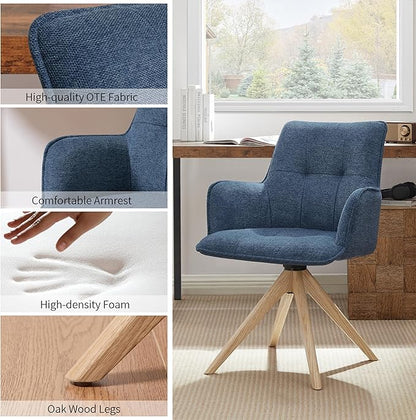 Art Leon Swivel Armchair - Mid Century Modern Office Chair No Wheels, Fabric Upholstered Accent Chair with Oak Wood Legs for Small Space Living Room Bedroom, Blue