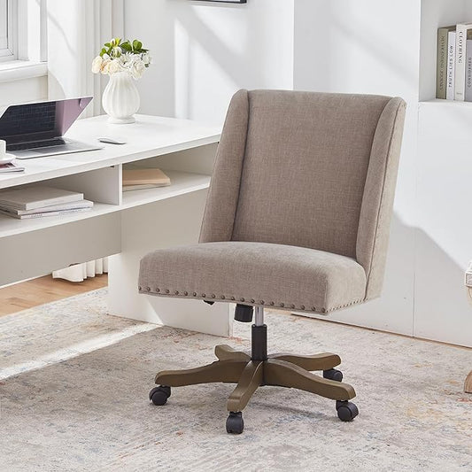 Upholstered Armless Office Chair with Wooden Legs, Modern Adjustable Home Office Desk Chair Computer Chair Swivel Chair for Home Office Study Studio (Brown)