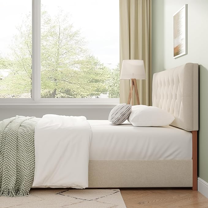 Upholstered Queen Headboard Only for Bed Frame from 49”-62”, Adjustable Height Queen Head Board with Durable Wood Legs, Bed Headboard in Modern Button Design, Beige