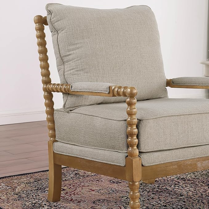 Morden Fort Linen Fabric Spindle Accent Chair with Wood Frame, French Style Accent Chairs with Padded Spring Seat and Armrest Pads, Brushed Base for Living Room Bedroom Farmhouse Office Balcony(Beige)