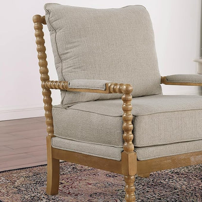 Morden Fort Linen Fabric Spindle Accent Chair with Wood Frame, French Style Accent Chairs with Padded Spring Seat and Armrest Pads, Brushed Base for Living Room Bedroom Farmhouse Office Balcony(Beige)