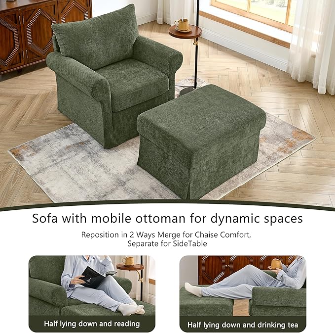 35.82" Accent Chair with Ottoman Upholstered Living Room Chairs for Reading Chair with Chaise Lounge Chairs Indoor, Comfortable Armchair for Bedroom (Green, 35.82")