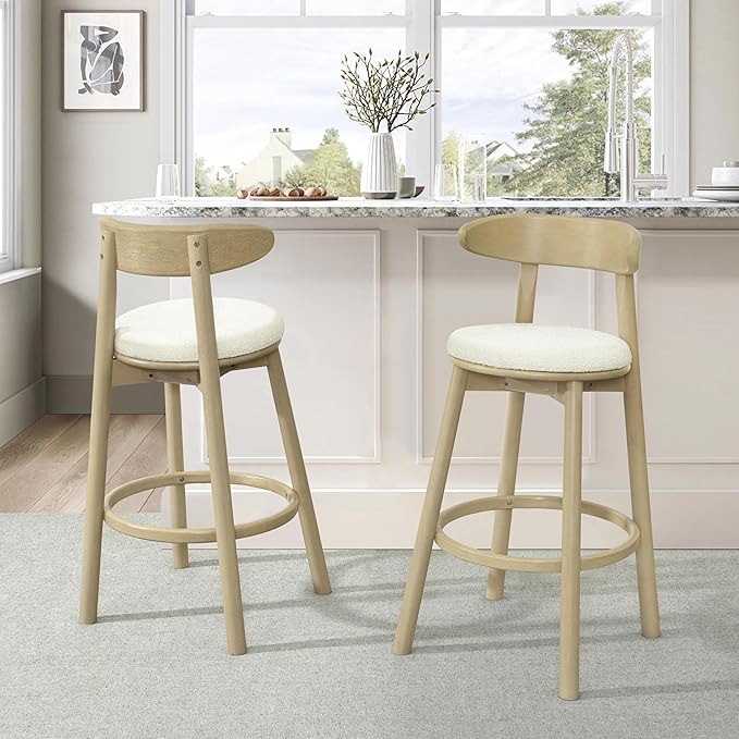 Christopher Knight Home Soley Modern Counter Height Bar Stools Set of 2, Boucle Fabric Round Stool Chair for Kitchen Island, Upholstered Counter Stool with Footrest and Backrest, Natural Ash+Beige