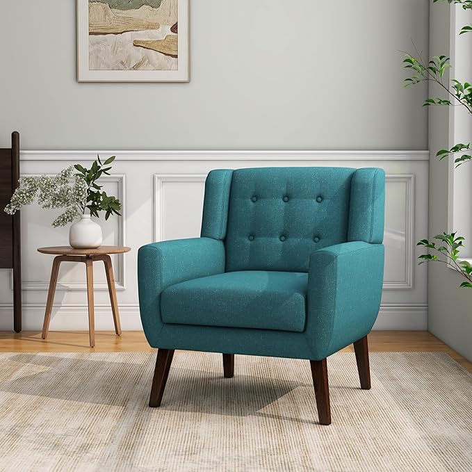 Accent Chair, Mid-Century Modern Fabric Chairs with Arms for Living Room, Comfy Upholstered Club Single Sofa Armchair for Bedroom Waiting Room with Solid Wood Frame (Fabric Turquoise, Set of 2)