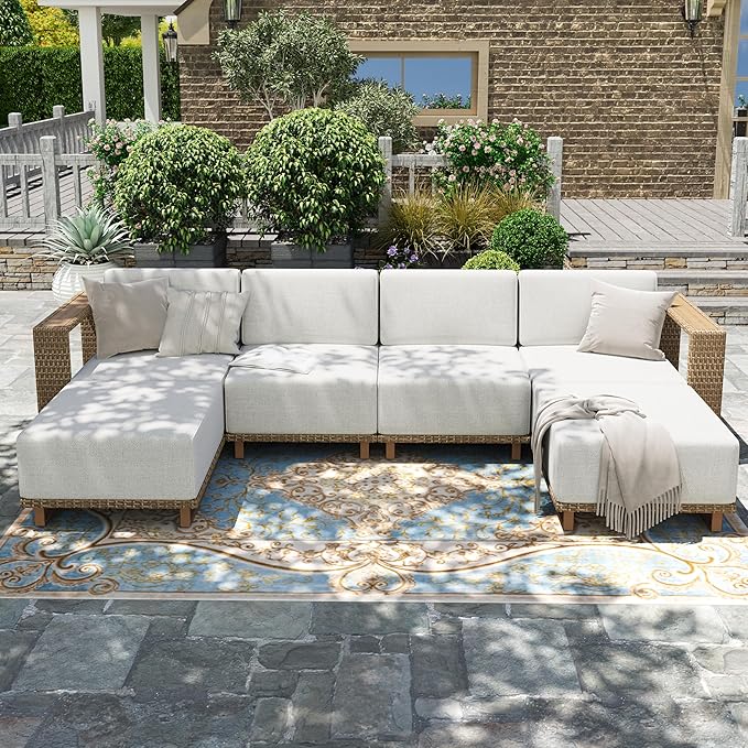 HERA'S HOUSE 6 Pieces Patio Furniture Set, 4 Sectional Outdoor Rattan Wicker Sofa with 2 Ottomans, All Weather Patio Conversation Set with 5.3" Widened Armrest, 10" Ultra Thick Comfy Cushion for Deck