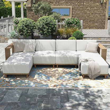 HERA'S HOUSE 6 Pieces Patio Furniture Set, 4 Sectional Outdoor Rattan Wicker Sofa with 2 Ottomans, All Weather Patio Conversation Set with 5.3" Widened Armrest, 10" Ultra Thick Comfy Cushion for Deck