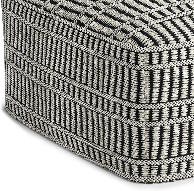 SIMPLIHOME Safford 20-inch Wide Pouf in Black and White, Handwoven Outdoor/Indoor Boho-Style Ottoman for Living Room, Bedroom, or Patio, Weather-Resistant, UV-Protected, Assembled