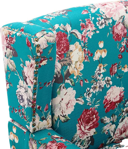 UIXE High Back Floral Accent Chairs Set of 2, Upholstered Armchair in Fabric, Retro Printed Wingback Arm Chair for Living Room, Nailhead Trim Single Sofa Bedroom Reading Seat - Peacock Blue