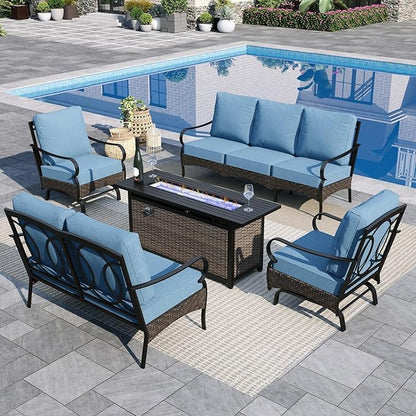Sophia & William Patio Furniture Set with Fire Pit Table, 5 PCS Metal Outdoor Conversation Set with Fire Pit Table, 2 Sofa Chairs,1 Loveseat, 3-Seater Couch for Outdoor Seating, Backyard, Porch(Navy)