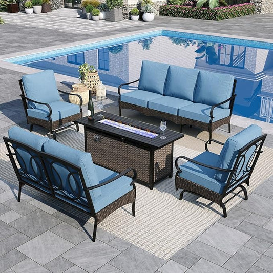 Sophia & William Patio Furniture Set with Fire Pit Table, 5 PCS Metal Outdoor Conversation Set with Fire Pit Table, 2 Sofa Chairs,1 Loveseat, 3-Seater Couch for Outdoor Seating, Backyard, Porch(Navy)