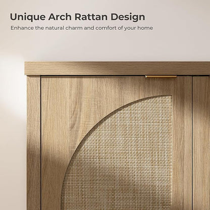 SICOTAS Rattan Sideboard Buffet Cabinet with Storage, Mid Century Modern Credenza Storage Cabinet with Arch Doors & Shelves Boho Coffee Bar Media Console Cabinets for Kitchen, Living Room, Entryway