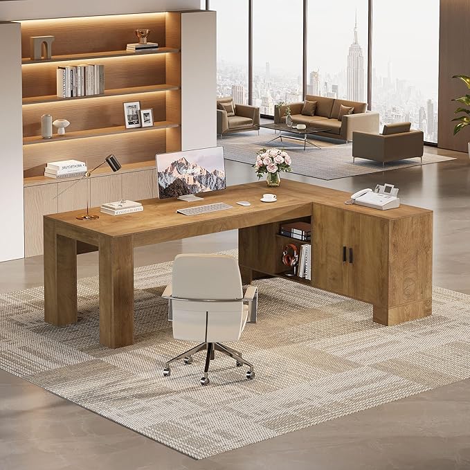 Tribesigns L-Shaped Executive Desk, 78-Inch Office Desk with Storage Cabinet and 2-Tier Shelf, Large Wooden Computer Writing Table Business Furniture Workstation for Home Office, Brown