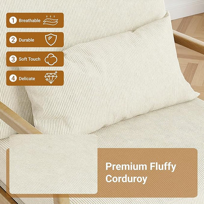 Claiks Mid-Century Modern Accent Chair, Living Room Armchair with Solid Wood Frame & Lumbar Pillow, Comfy Upholstered Lounge Chair for Bedroom, Office, Corduroy, Beige