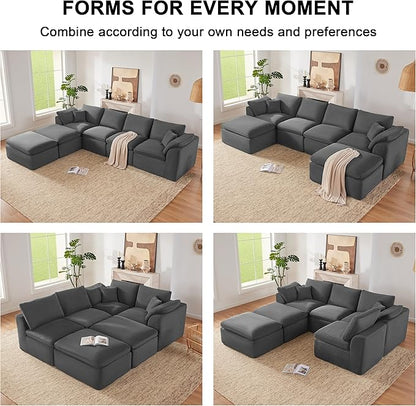 143" Cloud Sectional Couch, Boneless couches for Living Room，U Shaped Couch with Convertible Ottoman, Modular Sectional Sofa with Deep Seat, Comfy Soft Cushions, No Assembly, Gray
