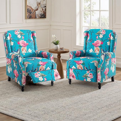 UIXE Pushback Floral Recliner Chairs Set of 2, Fabric Upholstered Armchair Push Back Accent Chair for Living Room, Rivet Trim Club Chair Single Sofa Bedroom Side Reading Seat - Peacock Blue