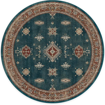 RUGGABLE Washable Vintage Area Rug – Verena Teal Blue 8 ft Round, Stain-Resistant, Non-Slip – Large Machine Washable Rugs for Living Room, Bedroom, Hallway, Entryway & Office–with Standard Pad