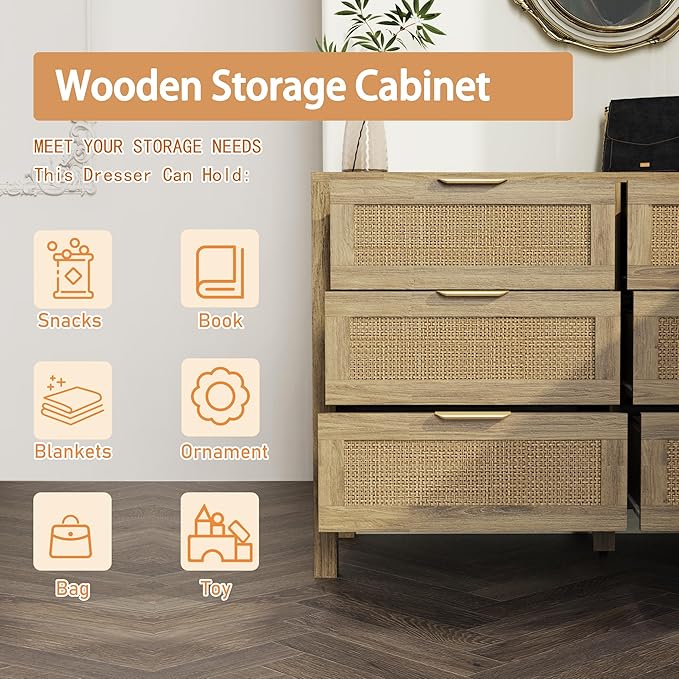 6 Drawer Dressers for Bedroom, Rattan Dresser with Drawers, Modern Wood Dresser with Metal Handles, Chest of Drawers for Bedroom, Living Room, Entryway (6 Drawer)
