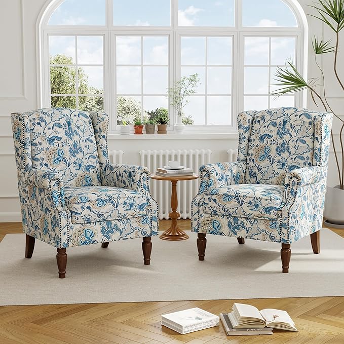 Accent Chair, Upholstered High Back Floral Armchair with Nailhead Trim & Wood Legs, Comfy Wingback Reading Single Sofa Chair for Small Spaces, Living Room, Bedroom-Boho Blue Floral, Set of 1