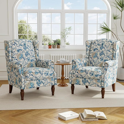 Accent Chair, Upholstered High Back Floral Armchair with Nailhead Trim & Wood Legs, Comfy Wingback Reading Single Sofa Chair for Small Spaces, Living Room, Bedroom-Boho Blue Floral, Set of 1
