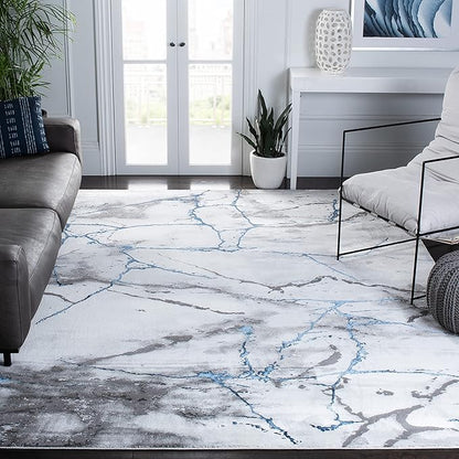 SAFAVIEH Craft Collection Area Rug - 8' Square, Ivory Grey & Blue, Modern Abstract Design, Non-Shedding & Easy Care, Ideal for High Traffic Areas in Living Room, Bedroom (CFT877M)