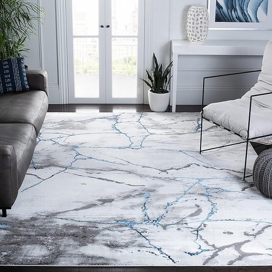 SAFAVIEH Craft Collection Area Rug - 8' Square, Ivory Grey & Blue, Modern Abstract Design, Non-Shedding & Easy Care, Ideal for High Traffic Areas in Living Room, Bedroom (CFT877M)