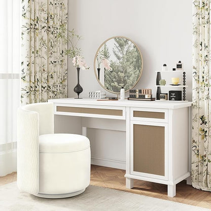 360° Swivel Accent Chair with Storage, Vanity Stool with Back, Velvet Storage Ottoman, Upholstered Round Barrel Vanity Chair for Living Room, Makeup Room, Bedroom (White High-Back)