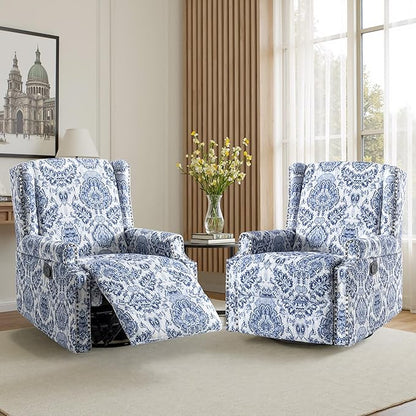 Premium 360° Swivel Recliner Chair with Footrest - Luxurious Cotton Linen & Botanical Design-Bule Pattern