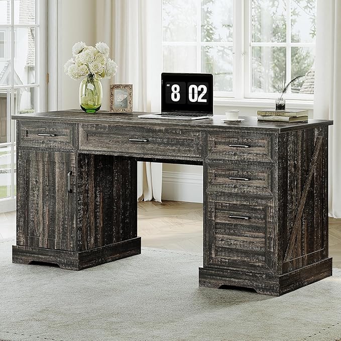 Casaottima 59 Inch Wood Farmhouse Office Desk with Drawers, Executive Computer Desk with File Cabinet & Charging Station for Home Office, Oak