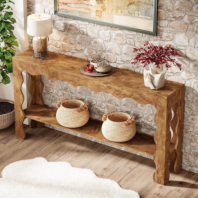 Tribesigns 63 Inch Entryway Table, Modern Rustic Entry Table with Scalloped Edge & Storage Shelf, Accent Narrow Long Sofa Table Behind Couch Console Tables for Entryway, Living Room, Light Brown