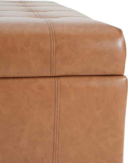Christopher Knight Home Mervy PU Storage Ottoman with Button and Stitching, Faux Leather Indoor Upholstered Ottoman for Living Room Bedroom Home Office, Square Flip Top Foot Rest Bench, Light Brown