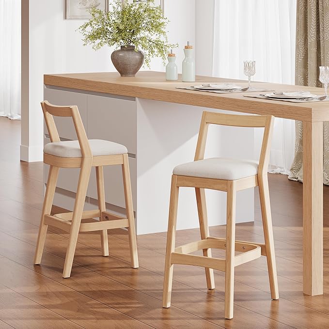 Christopher Knight Home Yone Counter Height Bar Stools Set of 2, Comfy Fabric Upholstered Bar Stool for Kitchen Island, Wooden Dining Room Chair, Barstools with Footrest/Backrest, Beige + Natural