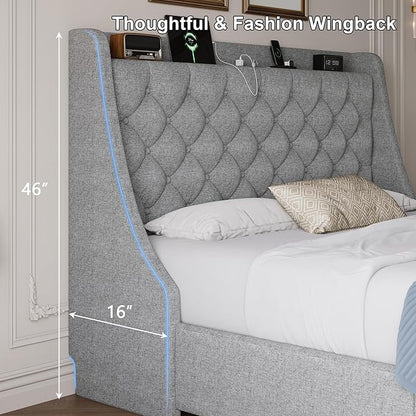 Full Size Upholstered Platform Bed Frame with 4 Storage Drawers and Charging Station, Linen Button Tufted Wingback Headboard, Sturdy Wooden Support Slats, No Box Spring Needed, Light Grey