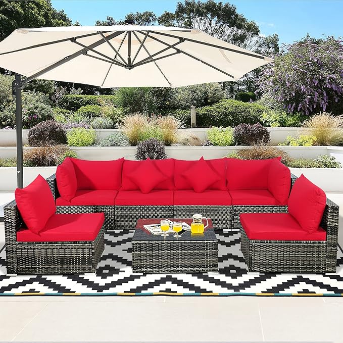 Tangkula 7 Pieces Patio Rattan Furniture Set, Patiojoy Outdoor Conversation Set with Cushions and Tempered Glass Coffee Table, All-Weather Sectional Sofa Set for Garden, Lawn, Backyard (Red)