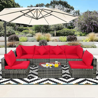 Tangkula 7 Pieces Patio Rattan Furniture Set, Patiojoy Outdoor Conversation Set with Cushions and Tempered Glass Coffee Table, All-Weather Sectional Sofa Set for Garden, Lawn, Backyard (Red)